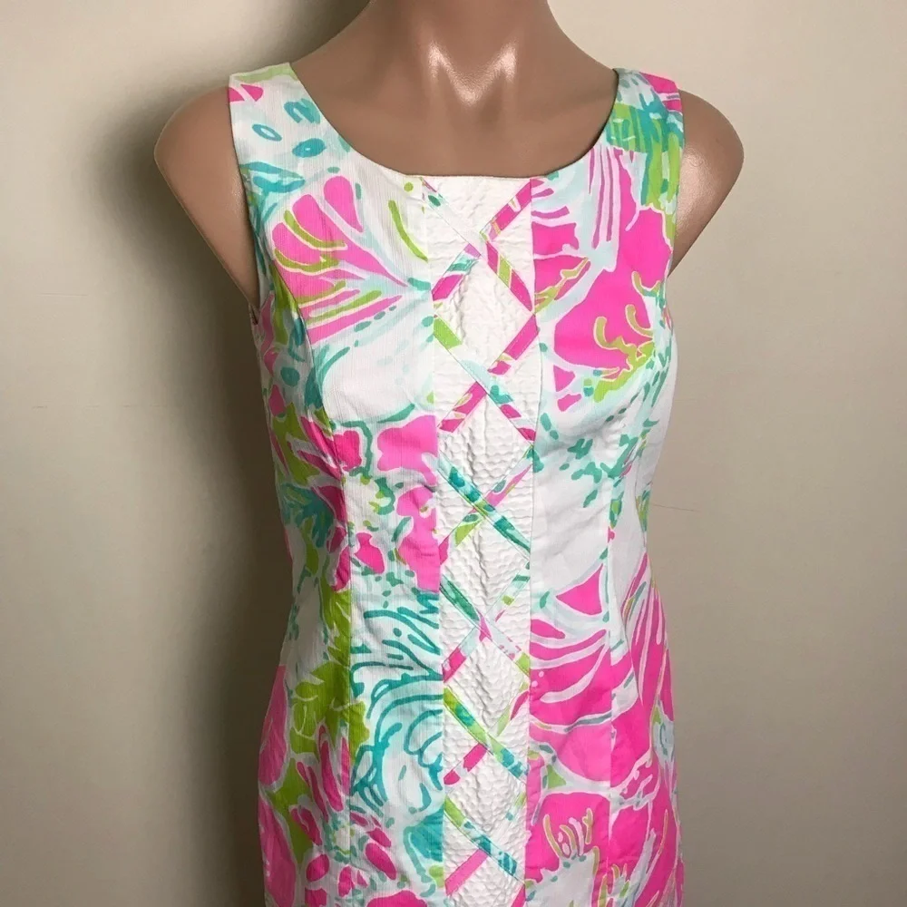 Lilly Pulitzer Cathy Shift Dress Dont Give a Cluck Flamingo Pink Green White 00